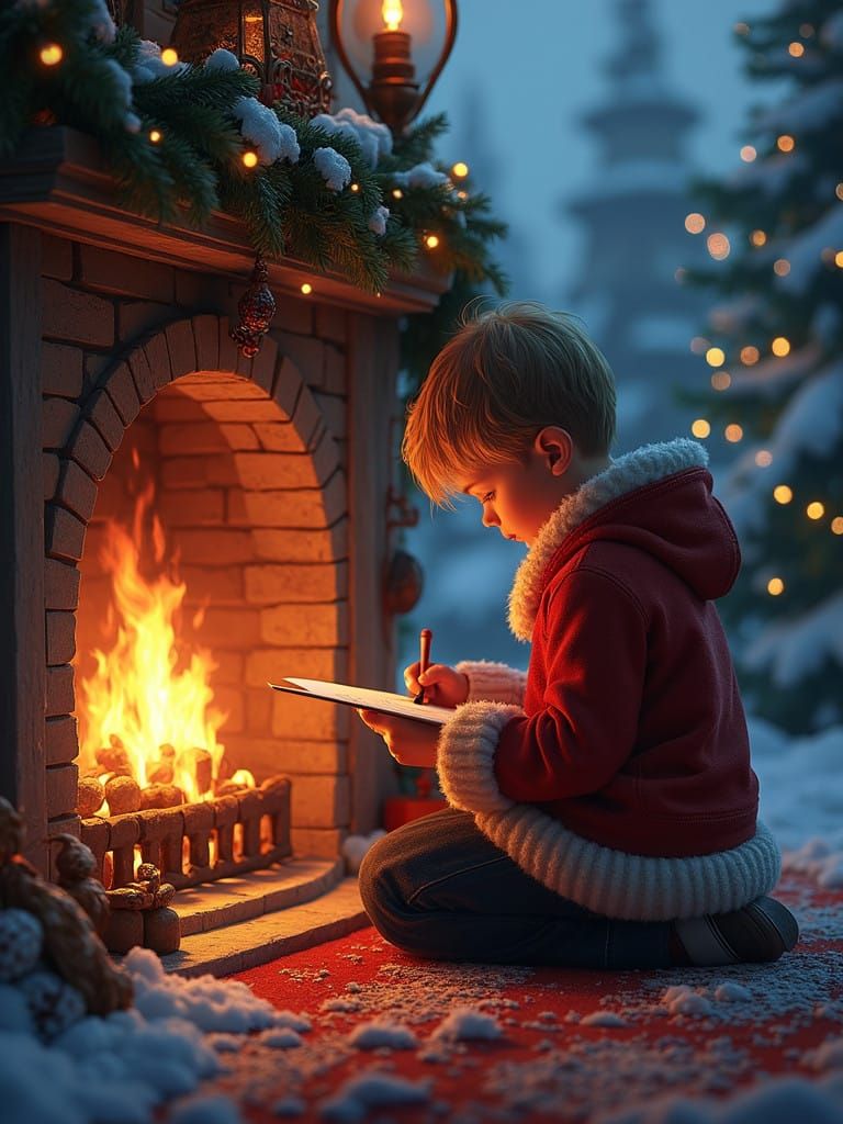 Little Boy Writes to Santa in a Cozy Fireplace Scene