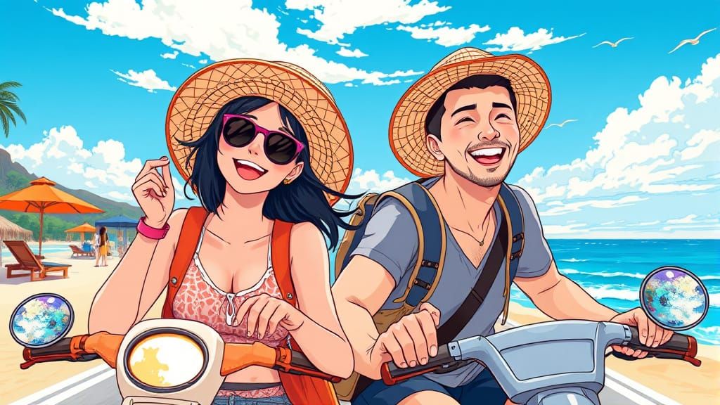 Anime Explorer Girl and Husband on Beach