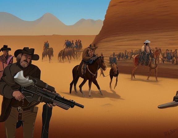 16k resolution, art by James Bama. A showdown at high noon, as a cowboy faces off against a bandit leader in the heart o...