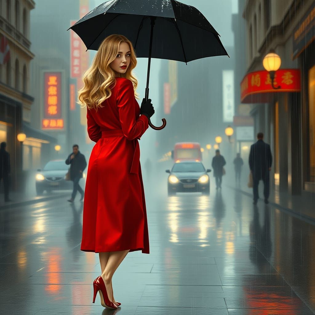 Woman in Red Raincoat: Film Noir Watercolor