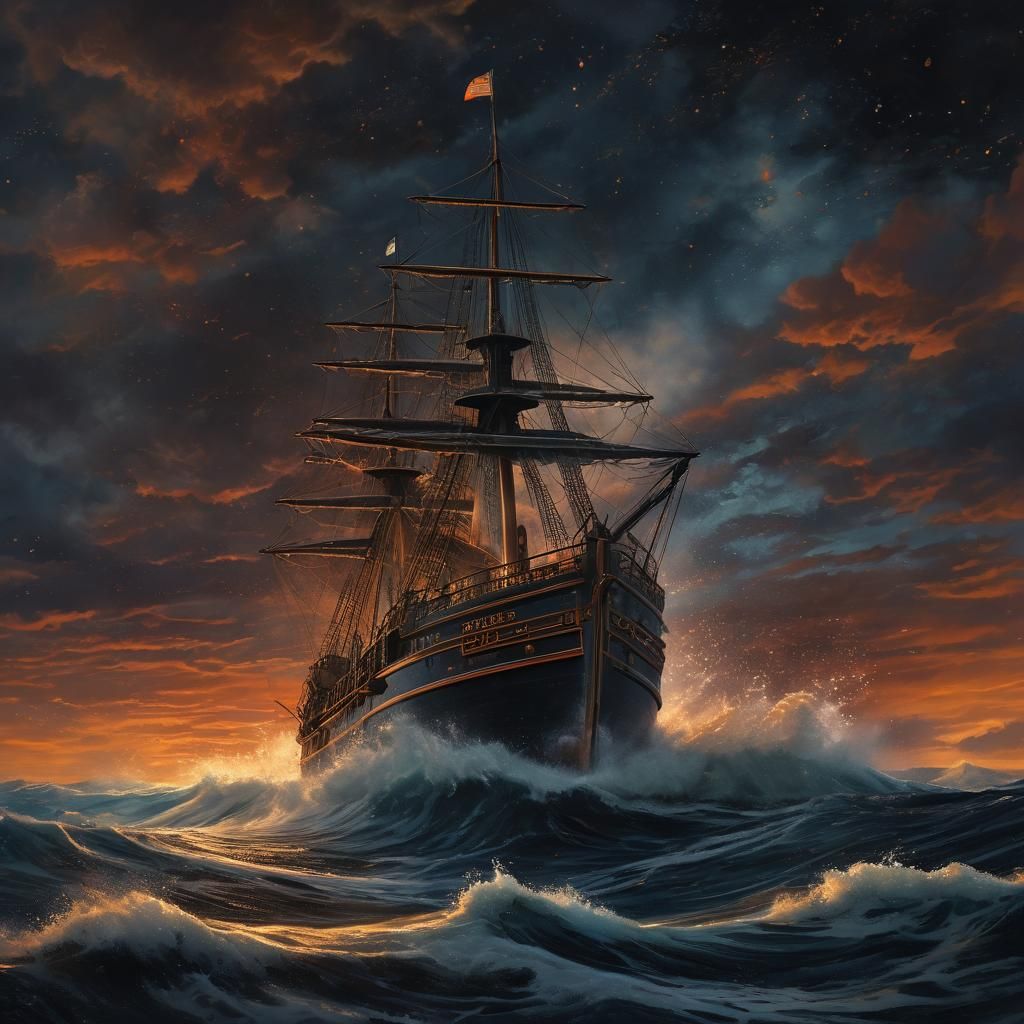 Steamship Sails on Stormy Ocean in Splash Art
