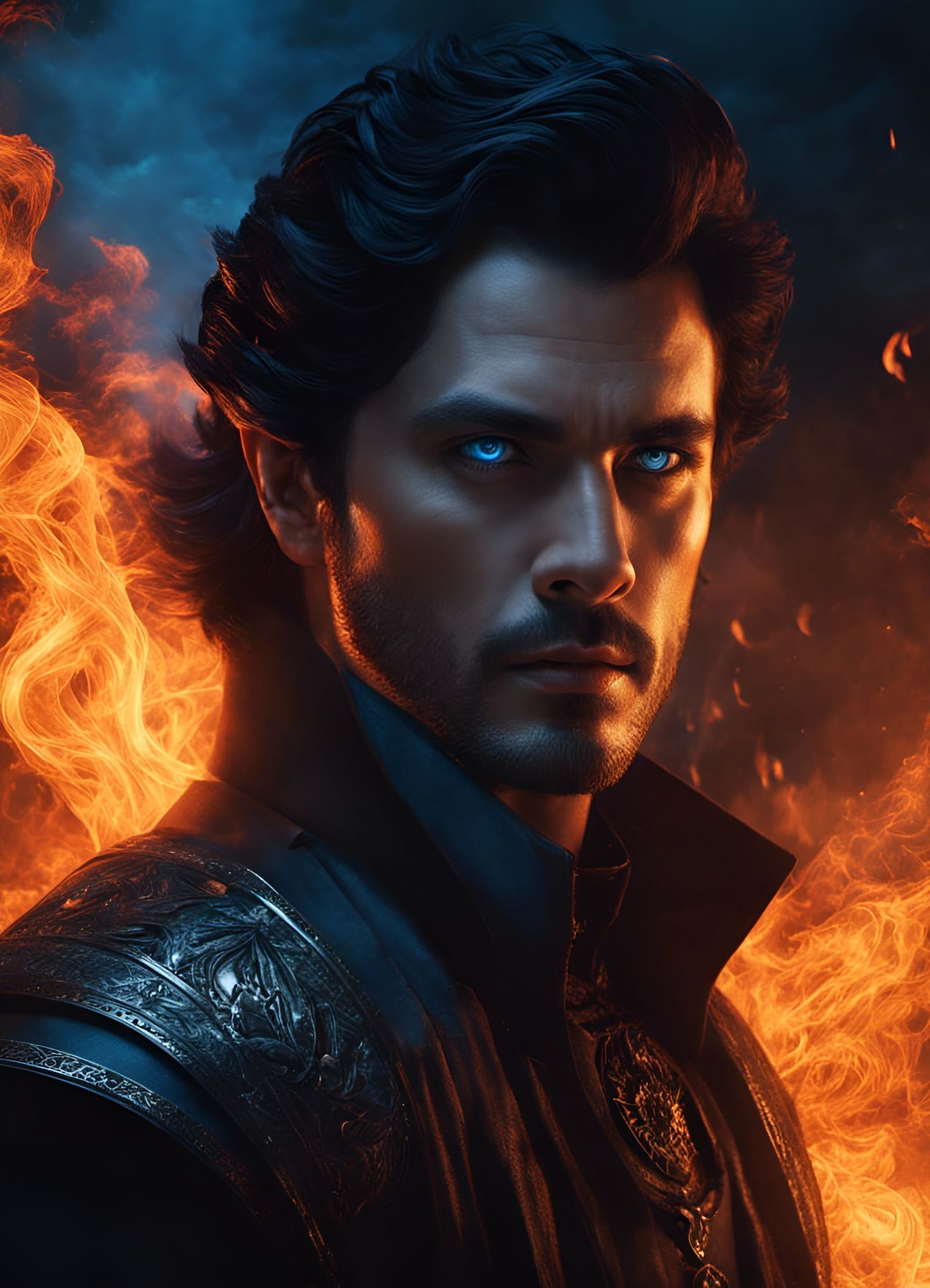 Dangerous Man with Blue Eyes in a Fiery Scene
