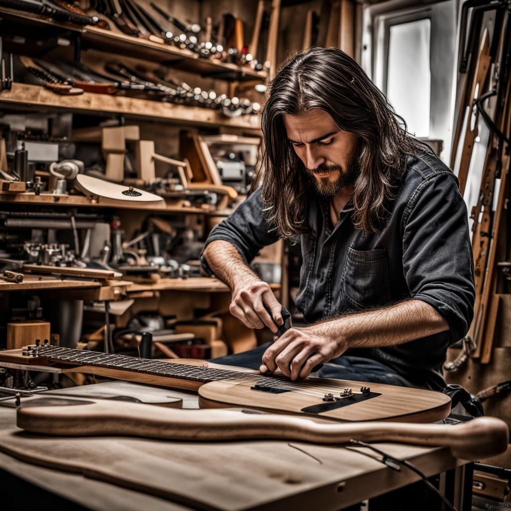 Craftsman Luthier Building Guitar in Hyperrealistic Detail