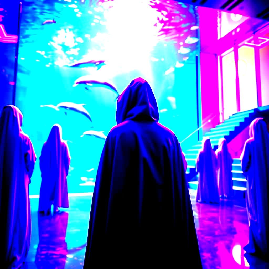 Ethereal Purple Goddess Amongst Dolphins in Neon Aquatic Rea...