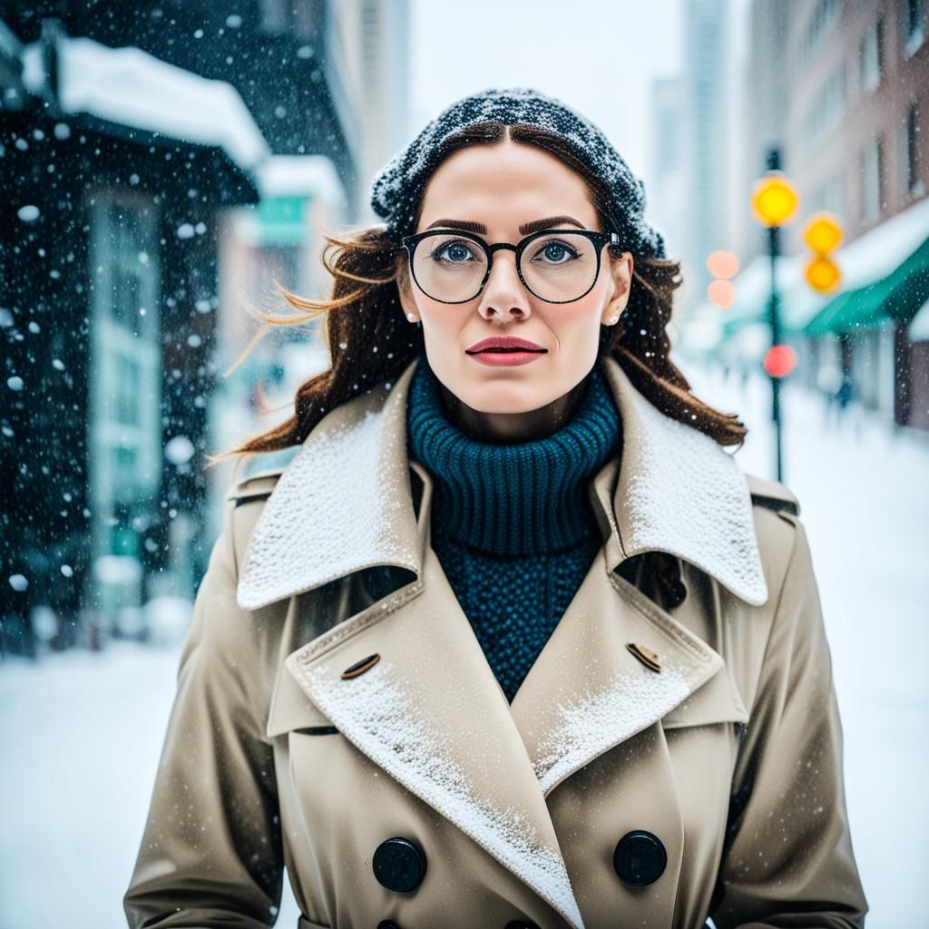 Young Woman in Glasses Caught in Winter Snowstorm
