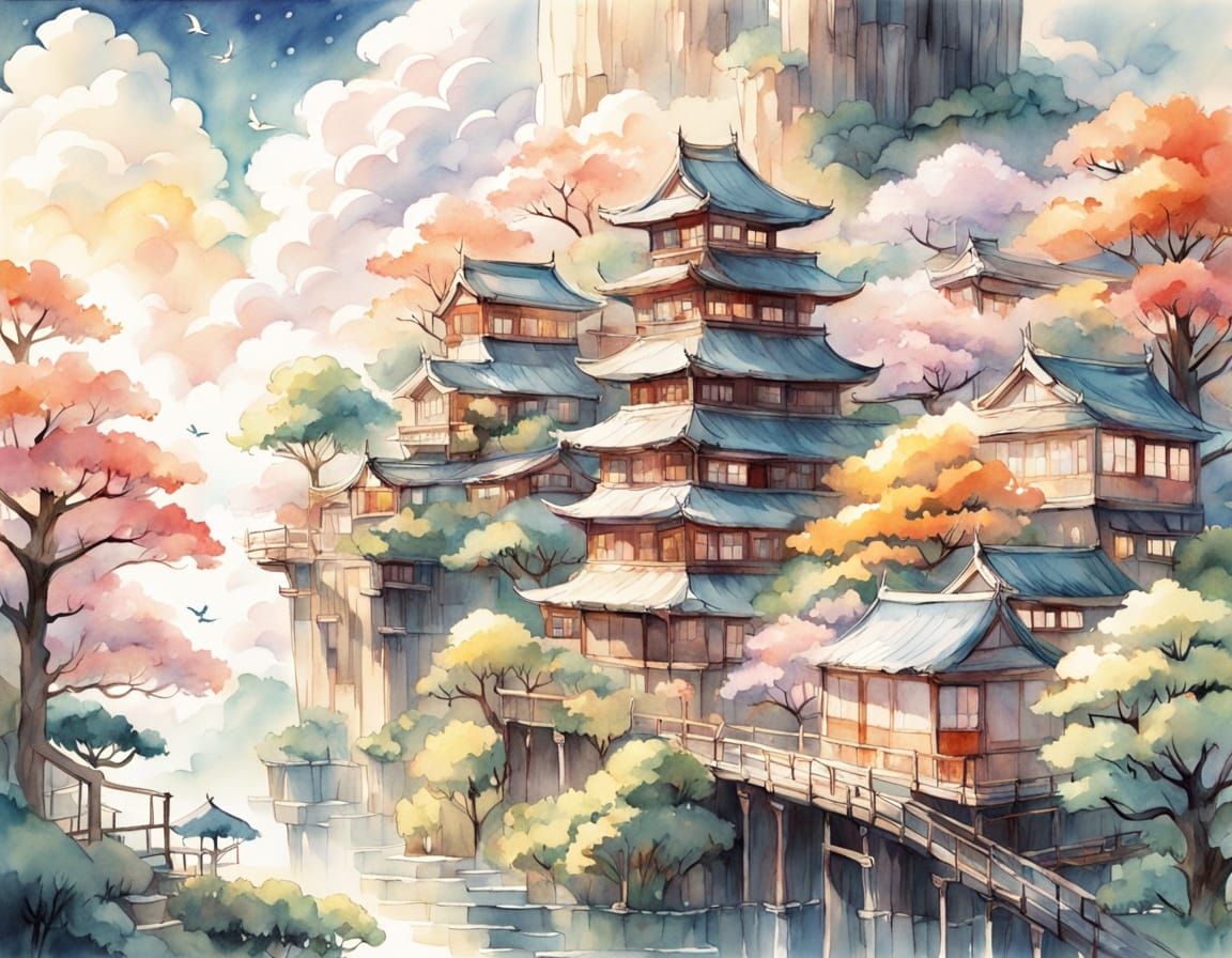 Dreamy Watercolor Cityscape with Cherry Blossoms and Neon Li...