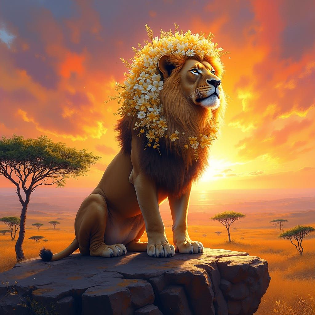 Regal Lion with Vibrant Flower Mane Standing Proud on Cliff