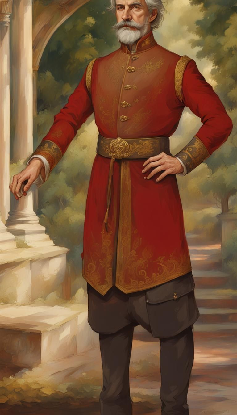 Regal Man in Courtyard With Sculptures