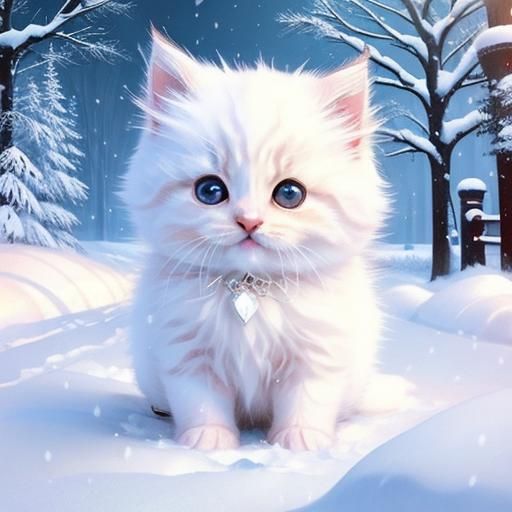 Cute Kitten Playing in Snow: Digital Art