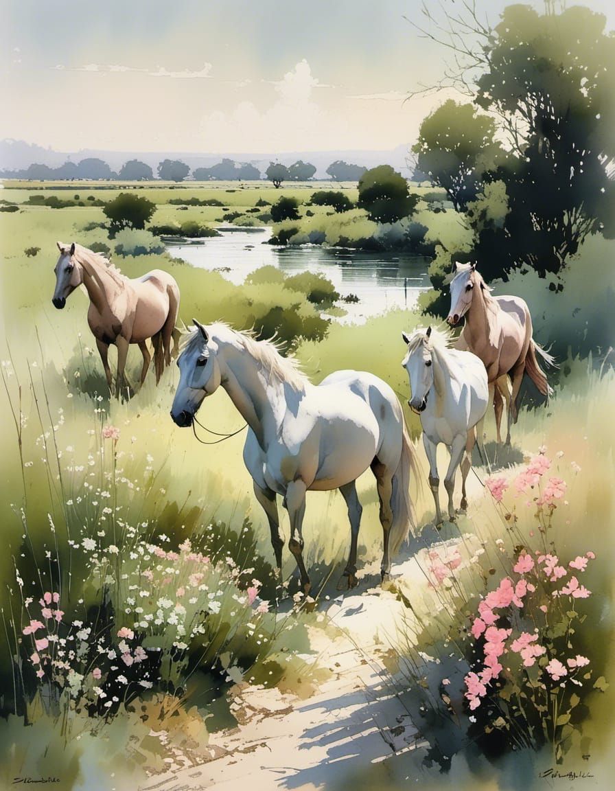 Camargue Landscape with Wild Horses, Gouache Painting