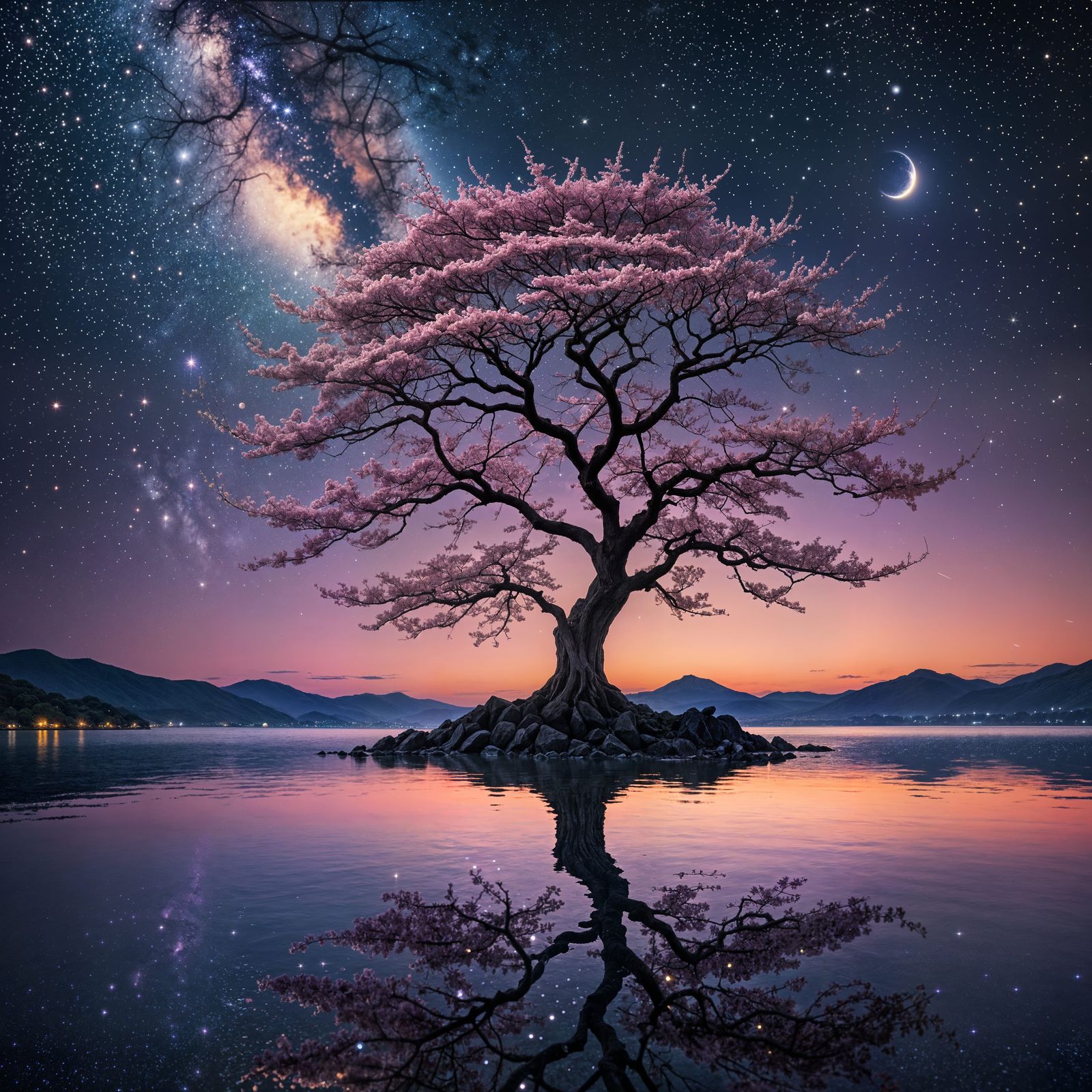 Mystical Sunset: Sakura Tree Under Starry Night