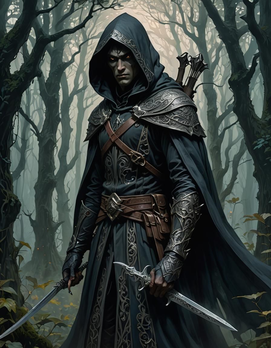 Dark Elf Assassin in Misty Forest, Art Nouveau Style
