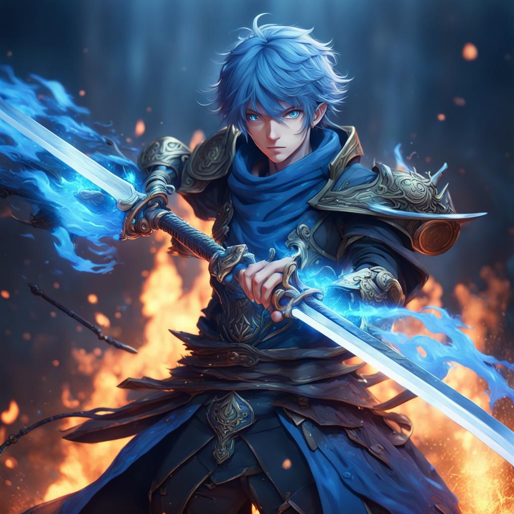 Anime Warrior with Blue Flame Sword in Digital Painting