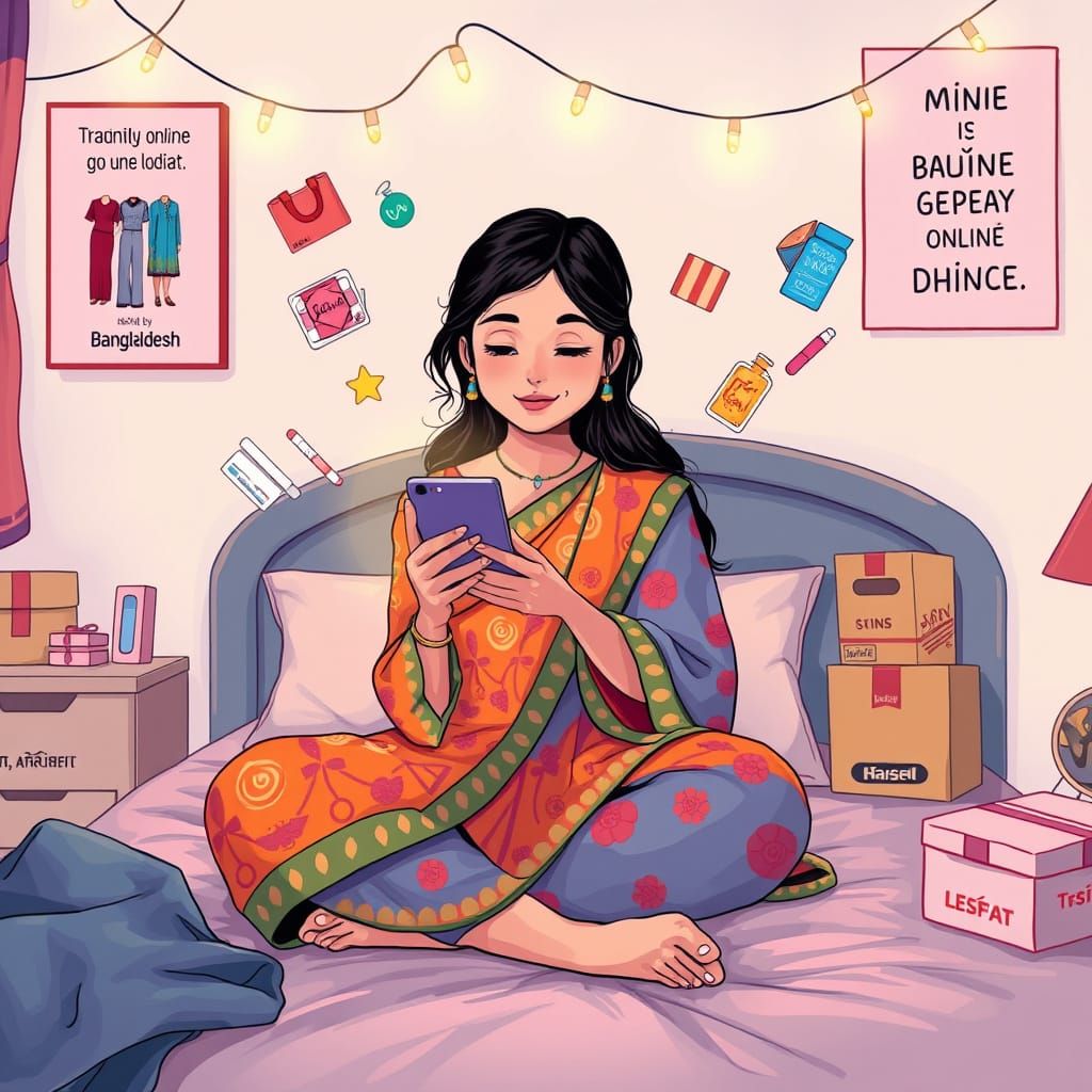Bangladeshi Girl in Dhaka Bedroom with Online Shopping App