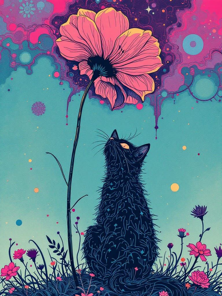 Gothic Cat Among Flowers with Intricate Linework