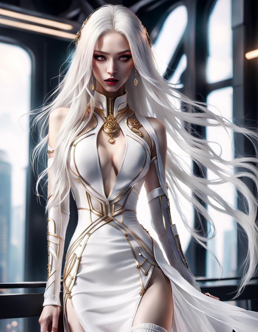Cyberpunk Girl with White Hair and Golden Eyes