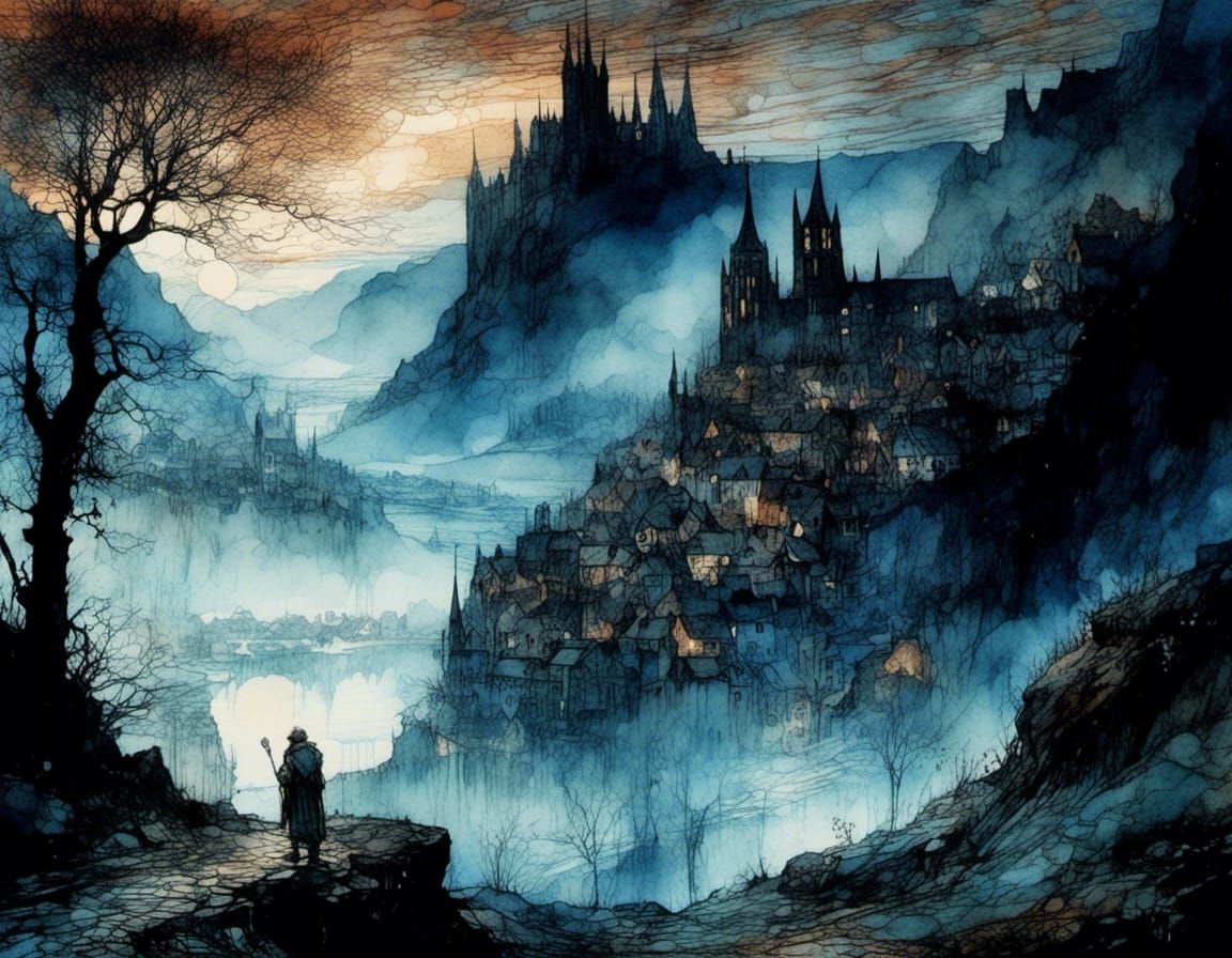 Mysterious Entangled Medieval Town at Night