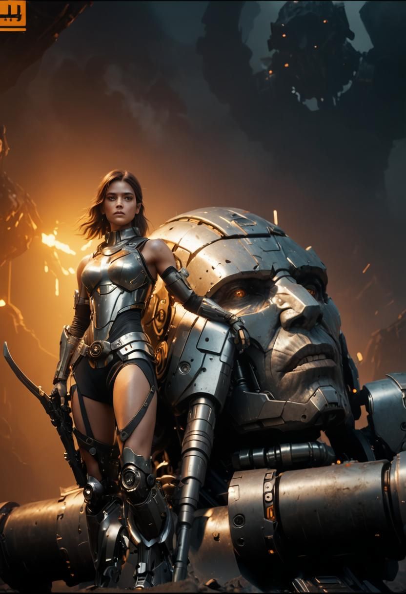 Warrior Girl Near Giant Head in Sci-Fi Style