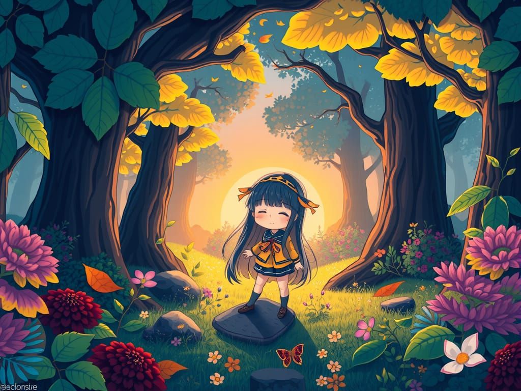 Magical Forest Chibi Girl in Anime Style