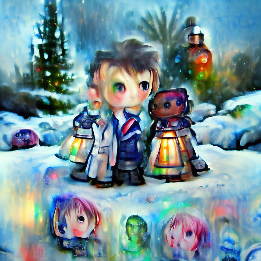 Doctor Who chibis celebrate Christmas kawaii in snow blush pixiv tumblr mixed media volumetric lighting iridescent bokeh...