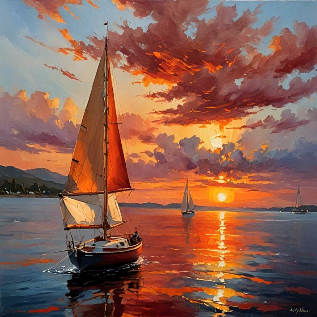 Sailboat at Sunset with Fiery Sky