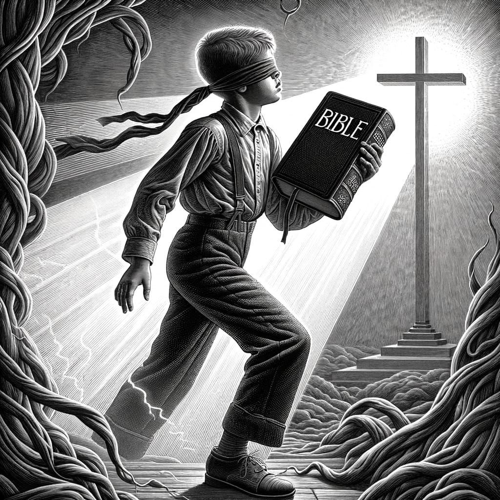 Blindfolded Boy Reaches for Radiant Light in Ethereal Wood-C...