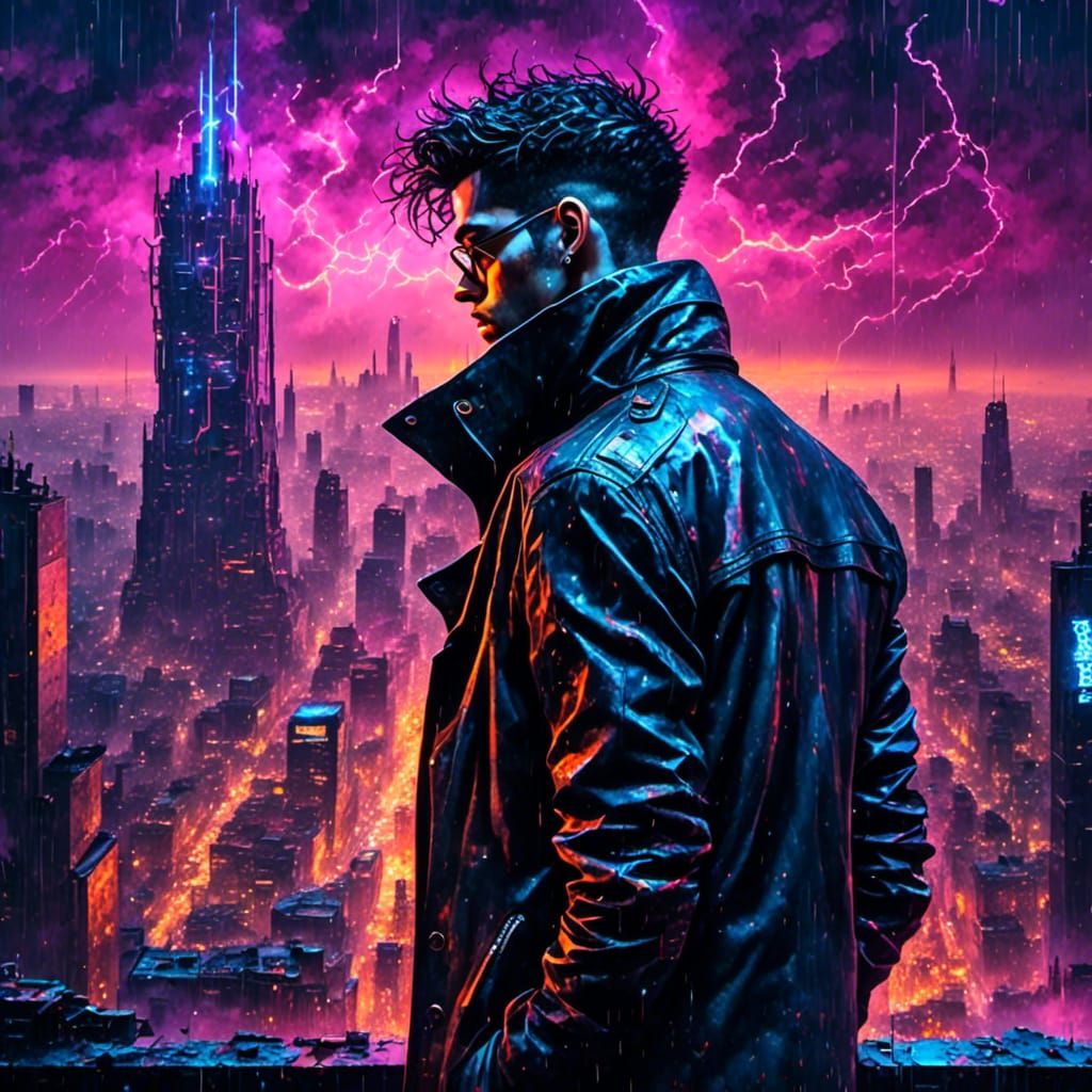 Cyborg in Dystopian Cityscape: Cyberpunk Style