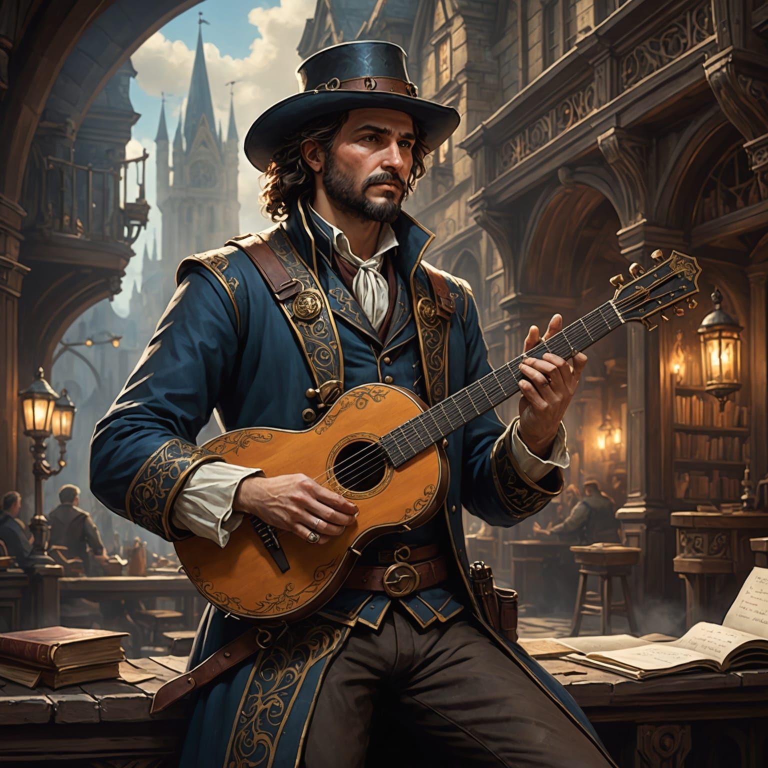 Steampunk Bard Sings of Heroes in Dark Fantasy