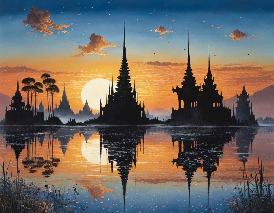 Surreal Cityscape Reflected in Serene Sunset Waters