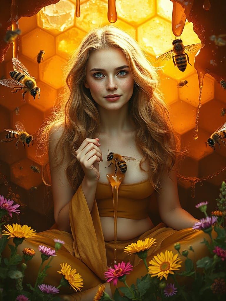 Goddess in Honeycomb with Flowers, Photorealistic Style