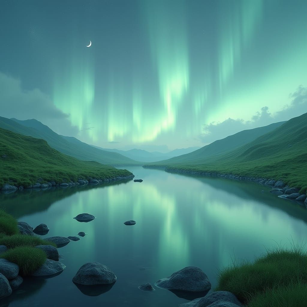 Glassy Lake Reflecting Aurora Borealis Under Crescent Moon