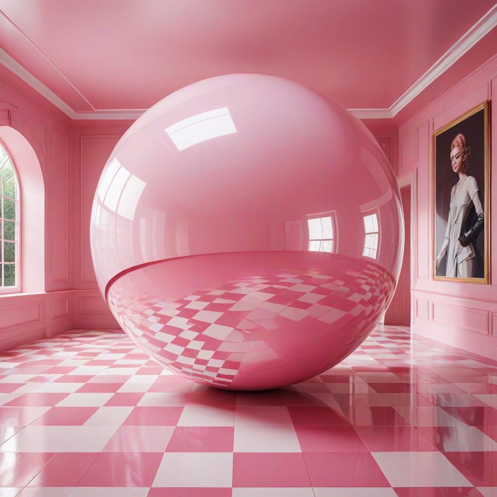 3D Render of Reflective Sphere in Pink and White Checkerboar...