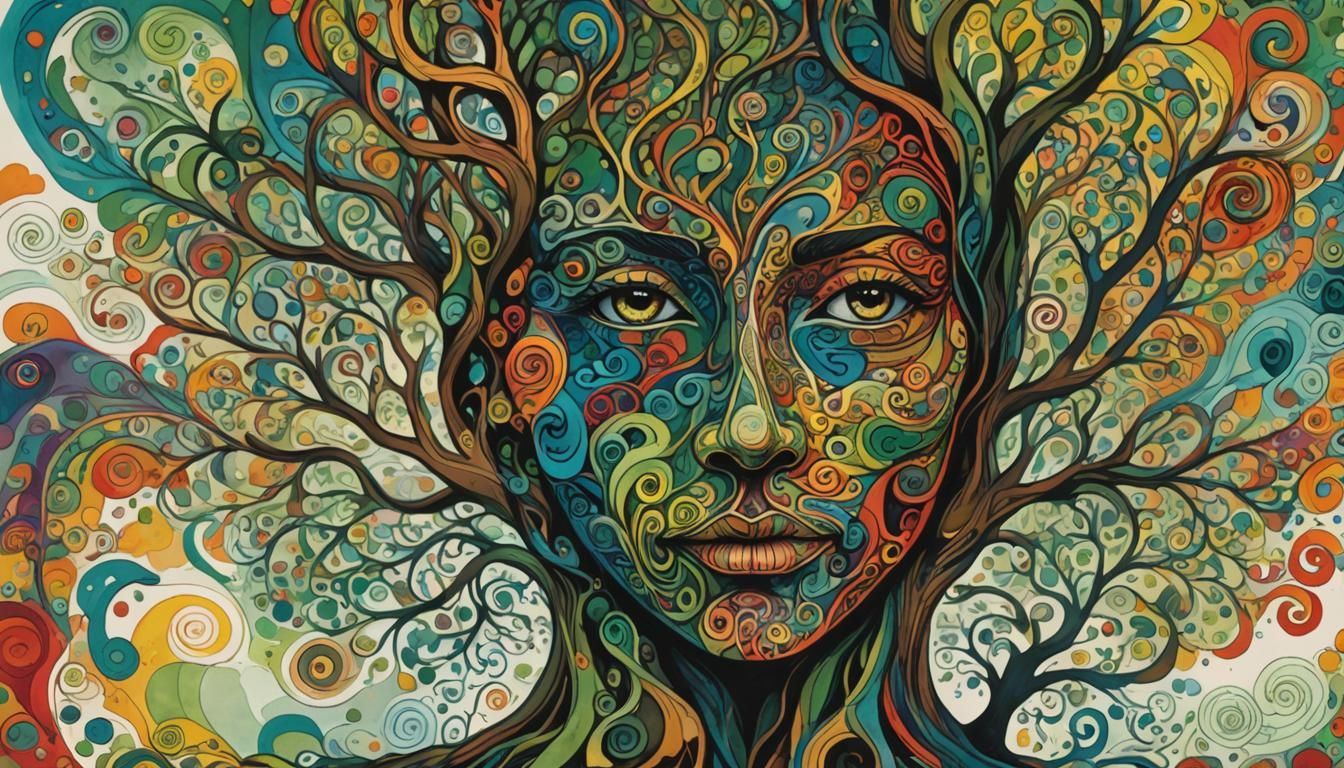 Abstract Tree Face Ink Poster With Swirling Patterns
