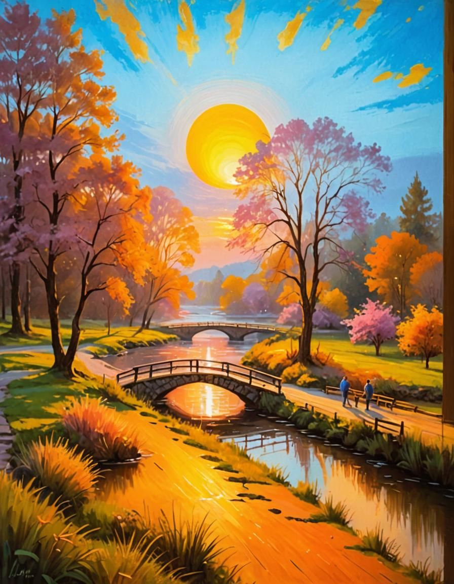 Sunrise Over Tranquil River in Impressionist Style