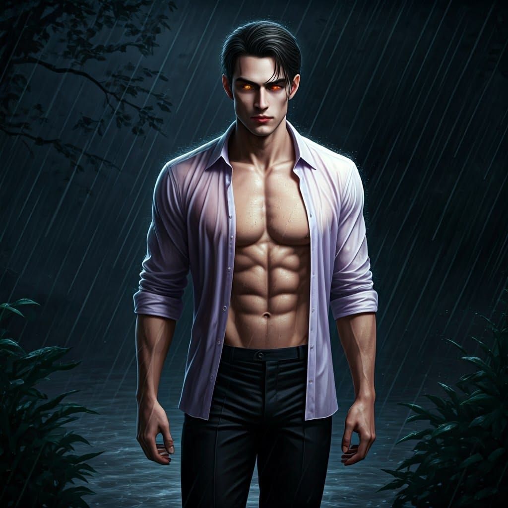 Handsome Vampire in Rainy Forest, Gothic Setting