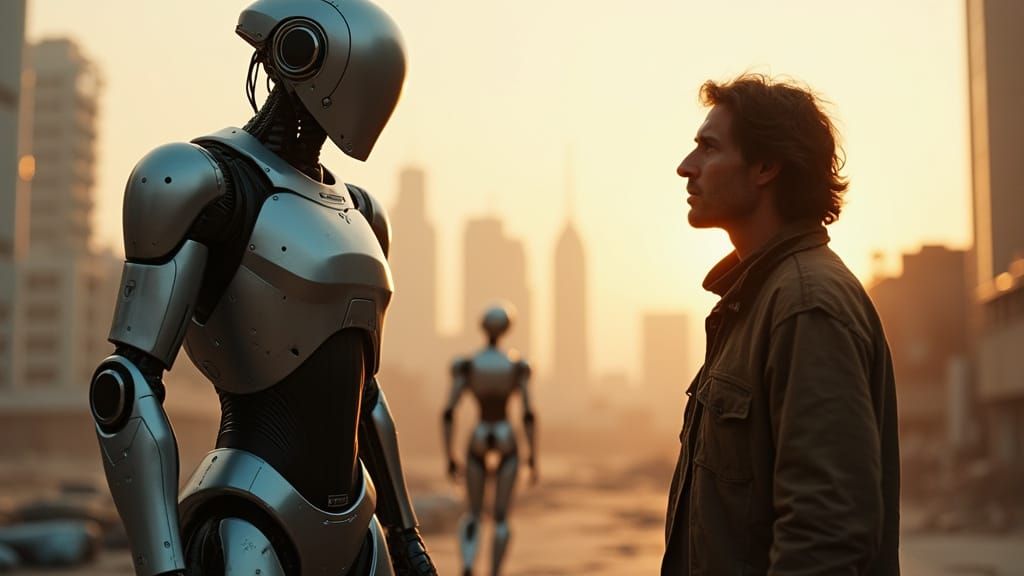 Robots and Humans Stand Opposite in a Dystopian Cityscape