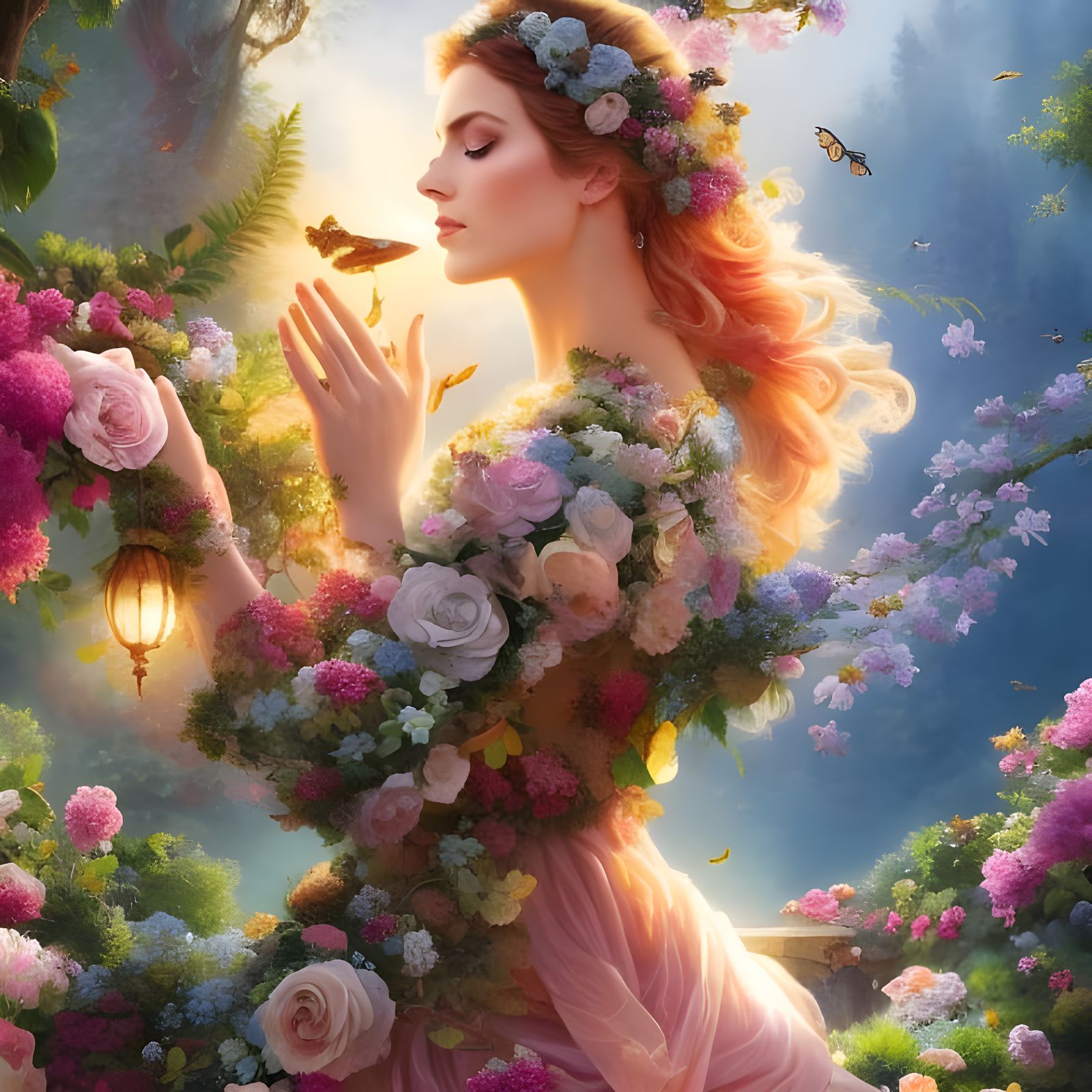 Princess in Hyperrealistic Blooming Garden Art