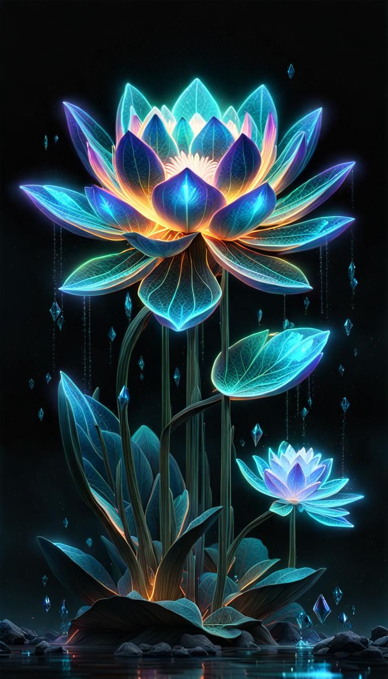 Glowing Crystal Lotus in Bioluminescent Neon Light