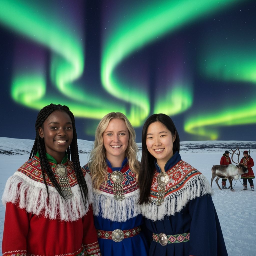 Diverse Women in Sámi Attire Under Aurora Borealis
