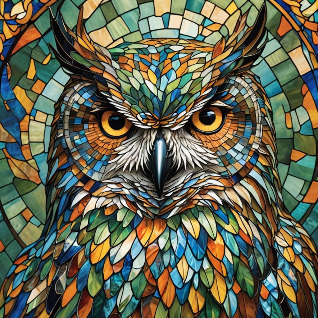 Majestic Owl Portrait in Stained Glass Style