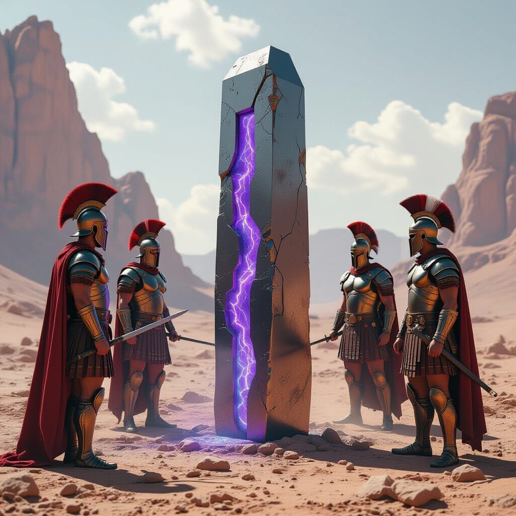 Roman Legionaries Encounter Alien Monolith on Barren Planet