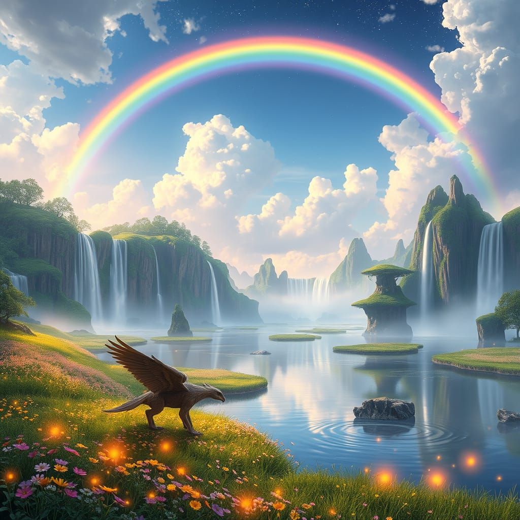 Floating Islands with Rainbow in Anime Style