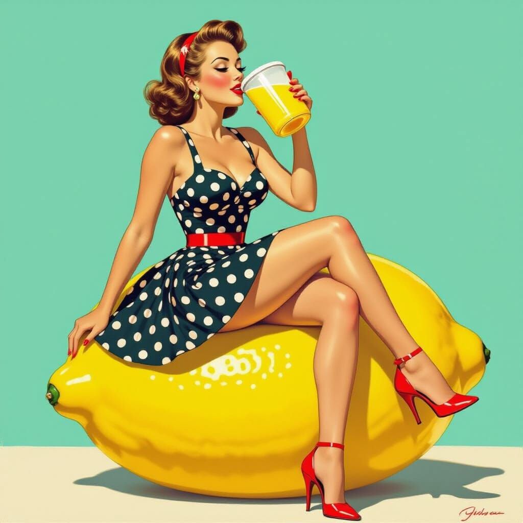 1950s Pinup Girl Sipping Lemonade in Retro Style