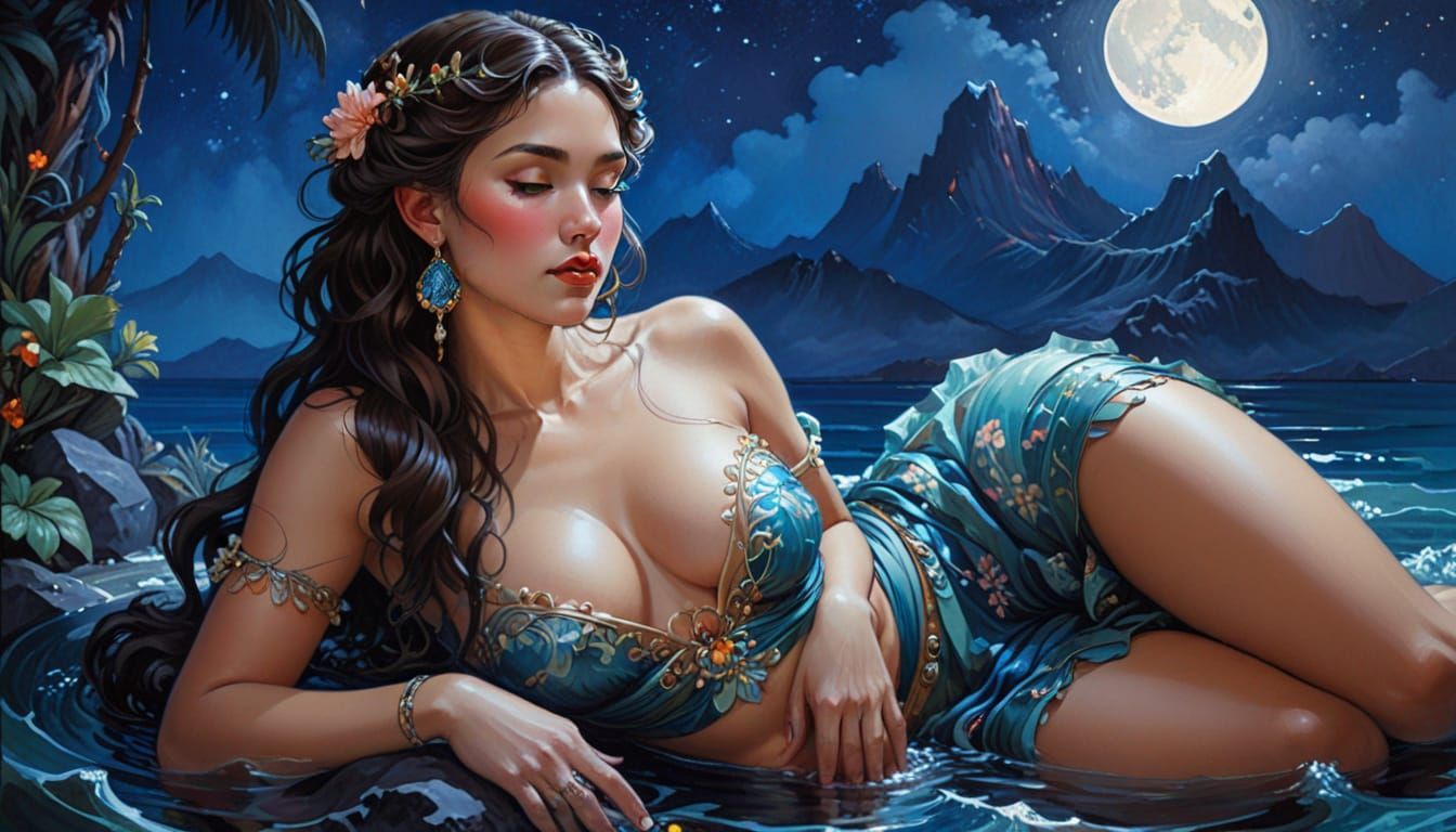 Hula Dancer Under Full Moon in Enchanting Landscape