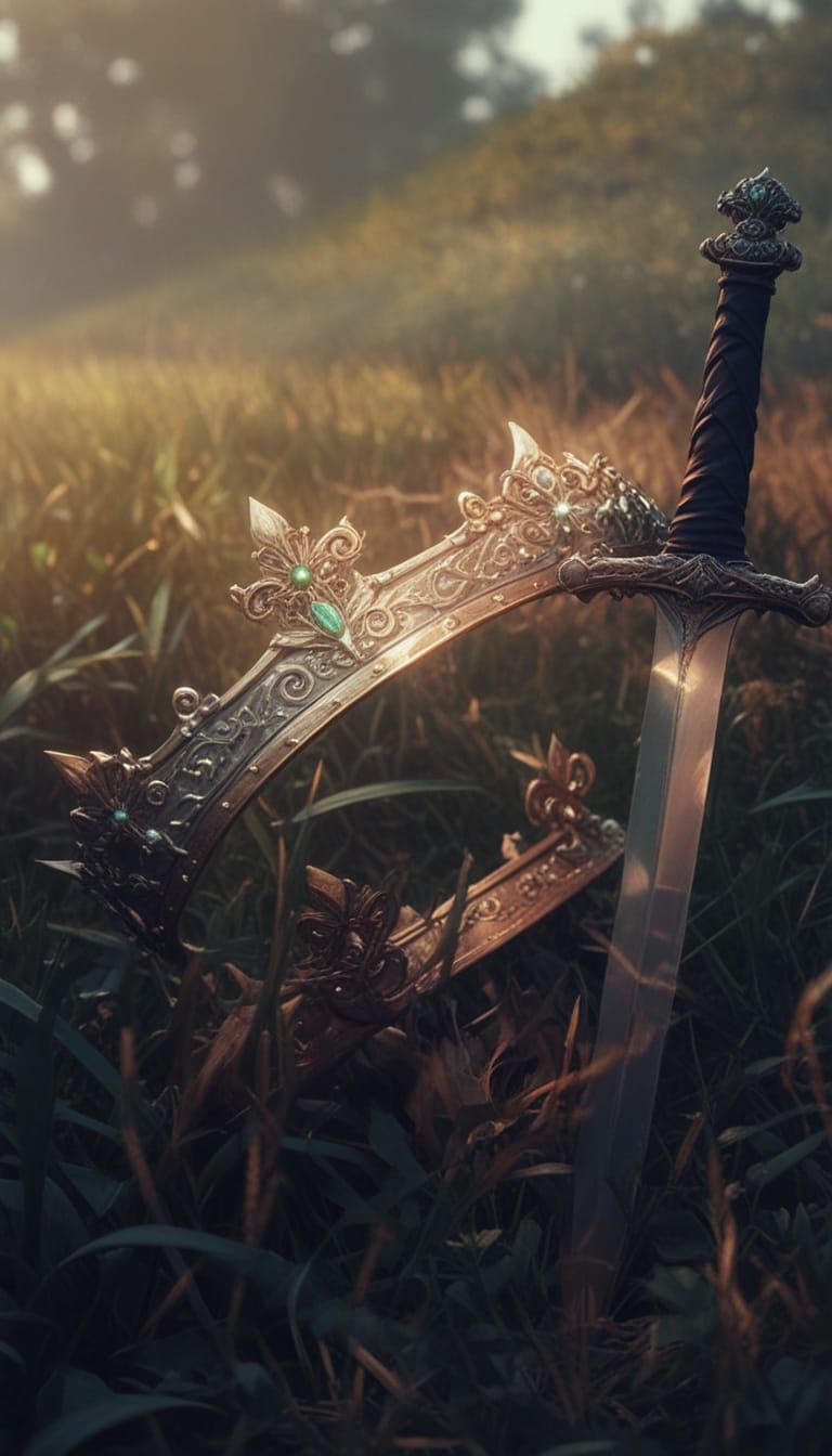 Crown and Sword in Grassy Field: Fantasy Art