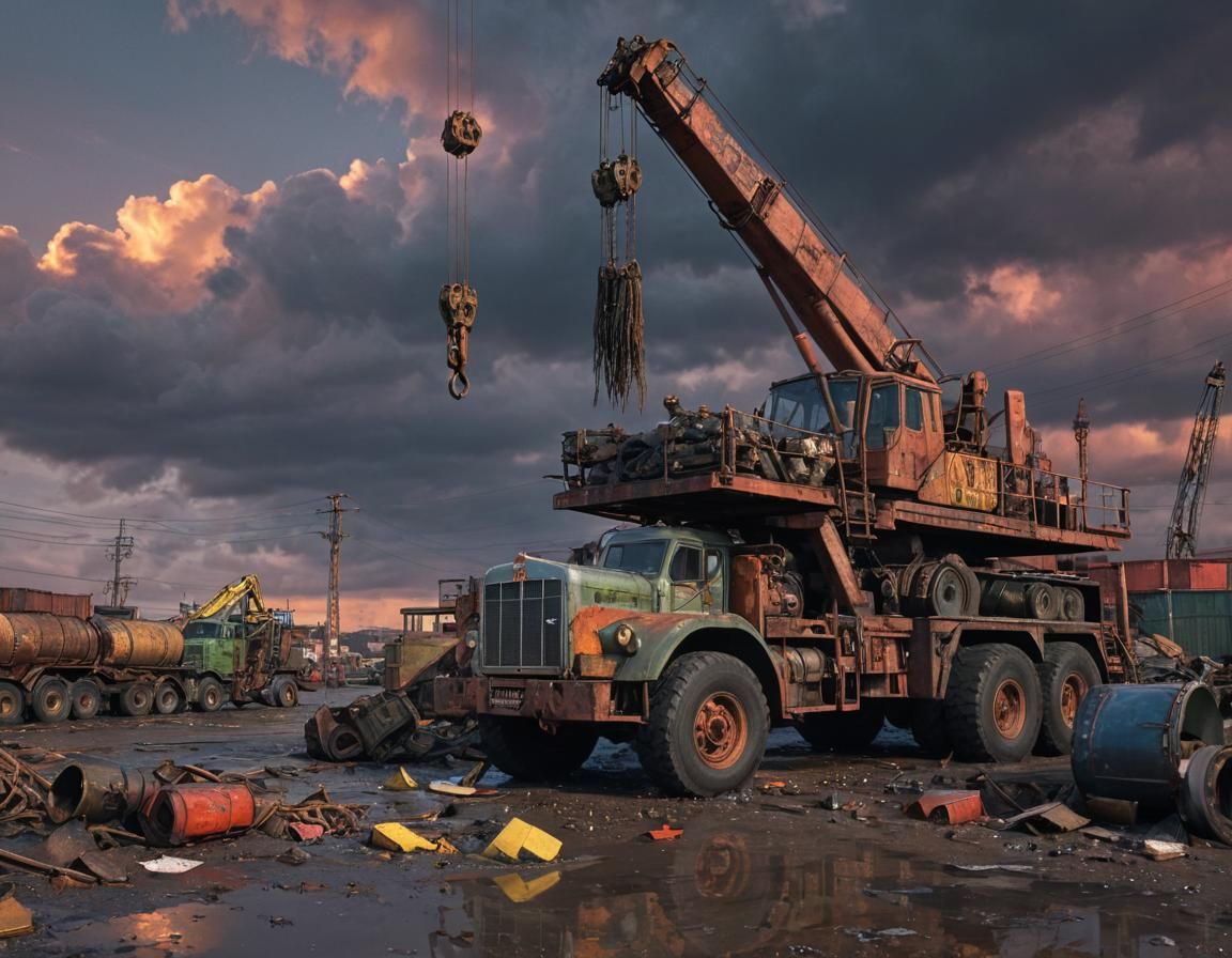 Dieselpunk Wrecking Truck at Industrial Port, Sunset