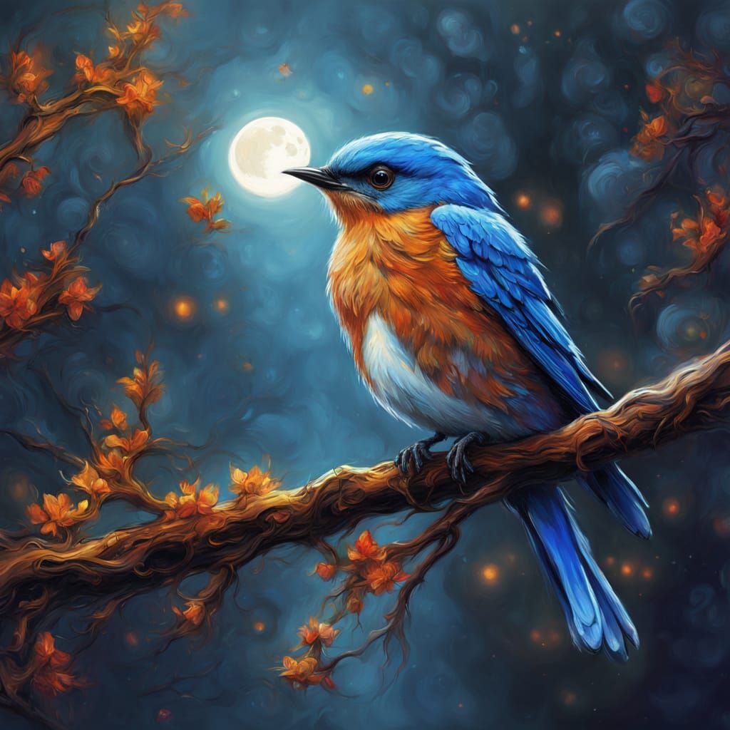 Bluebird on Branch Under Blue Moon in Textured Oil Painting