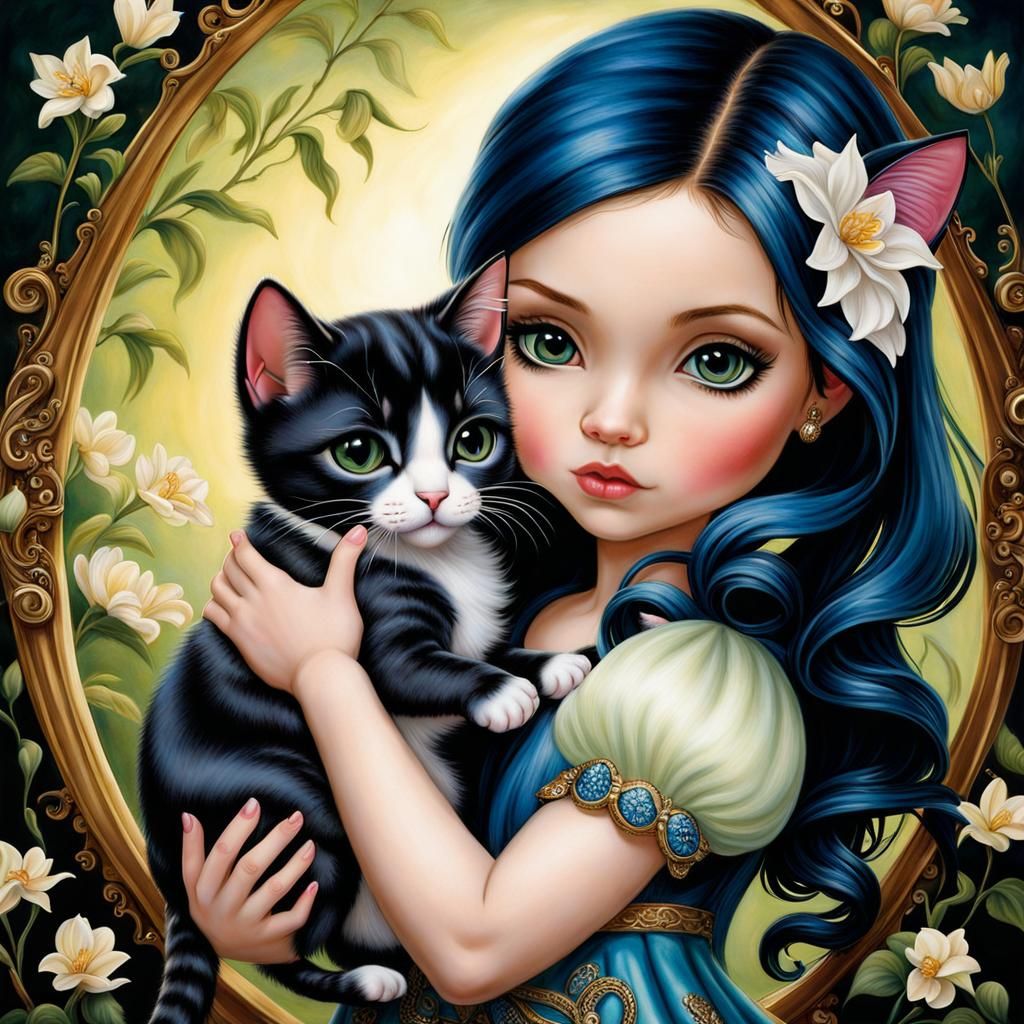 Girl Holding Cat in Whimsical Style