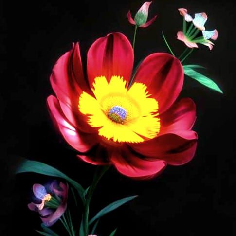 Colorful Faces Hidden Among Vibrant Lilies and Orchids