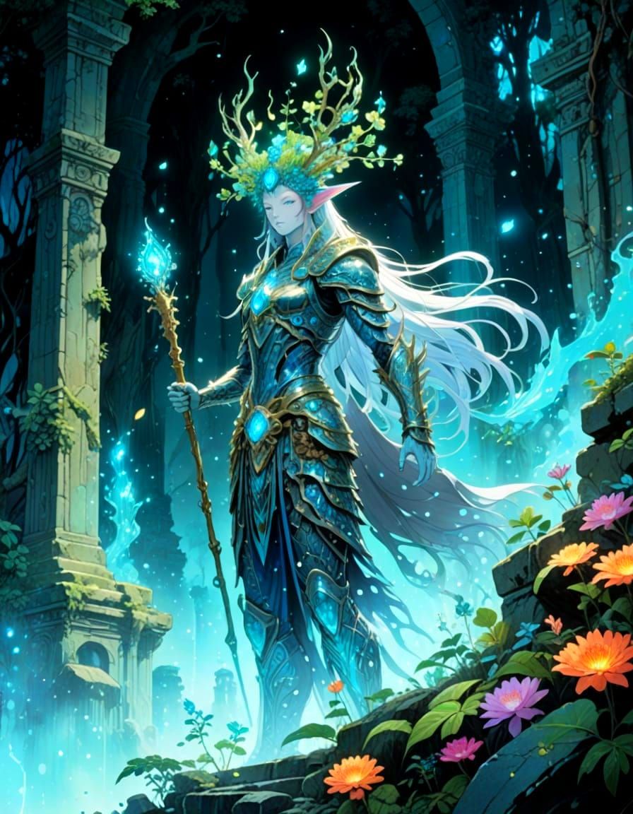 Ethereal Forest Spirit in Ancient Ruins: Manga Art